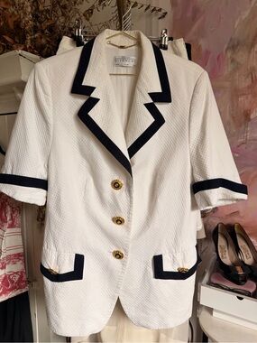 Givenchy White Textured Short-Sleeve Blazer with Black Trim